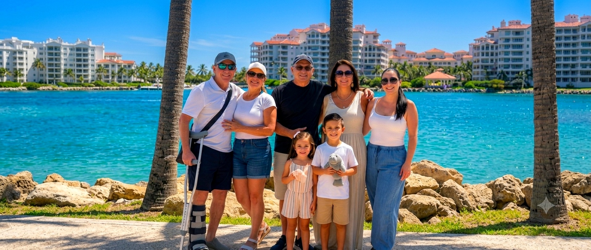 Familia costarricense disfrutando su viaje en el exterior gracias a su seguro de viaje — incluso con lesión, el viaje continuó protegido por IC Seguros