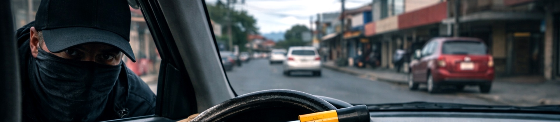 Robo de autos en Costa Rica — figura encapuchada en vehículo con candado amarillo en el volante, calle típica de la GAM al fondo